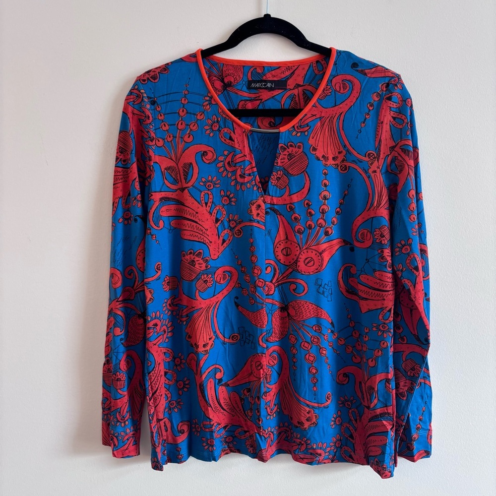 MARC CAIN I L Floral Cut Out Blouse I teal blue and red orange